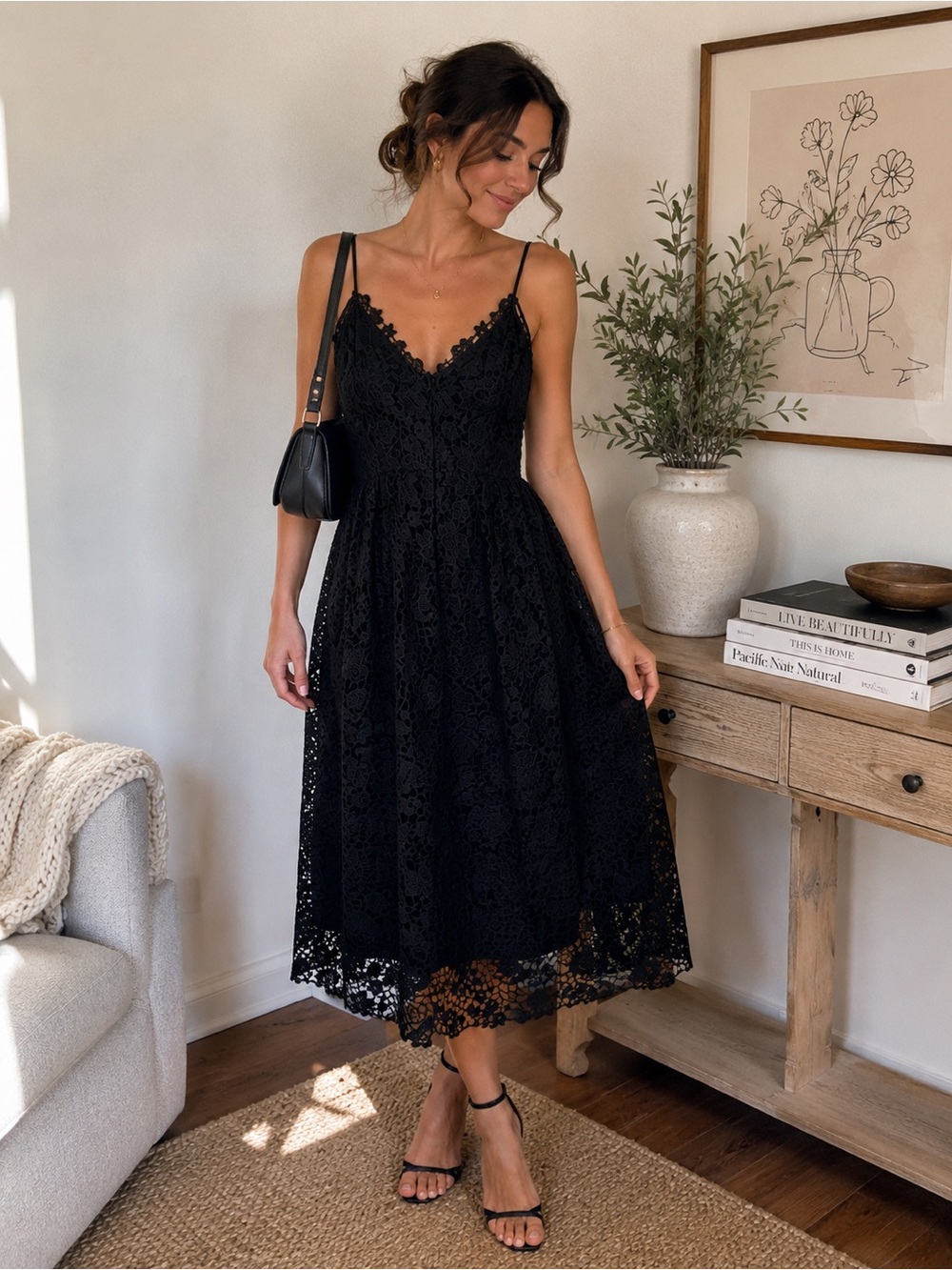 ASTR The Label Black Floral Lace Midi Dress Adjustable Fit Flare Cocktail Size M - Picture 1 of 6